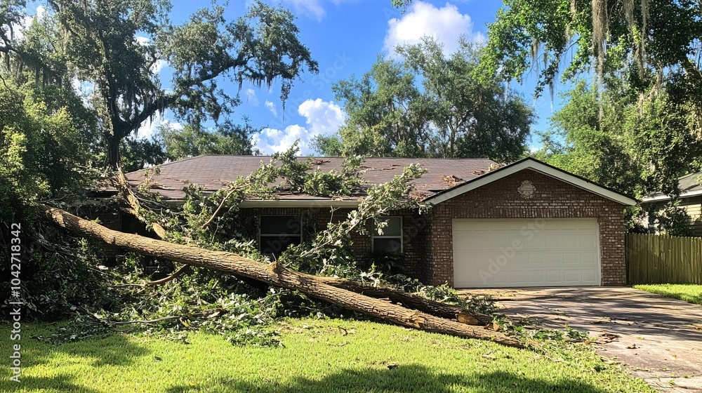 A fallen tree from a hurricane has damaged the roof A fallen tree from a hurricane has damaged the roof