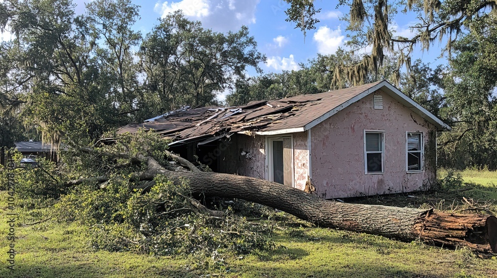 A fallen tree from a hurricane has damaged the roof A fallen tree from a hurricane has damaged the roof