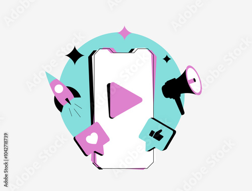 Video marketing trends 2024 focus on short-form content, interactive videos and personalized ads. Illustration shows video play buttons and engagement metrics, reflecting future of video marketing