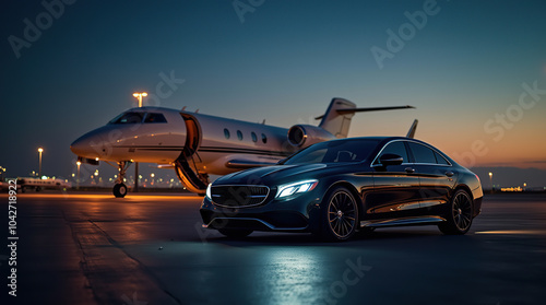 Luxury airport transfer with sleek car and private jet at sunset