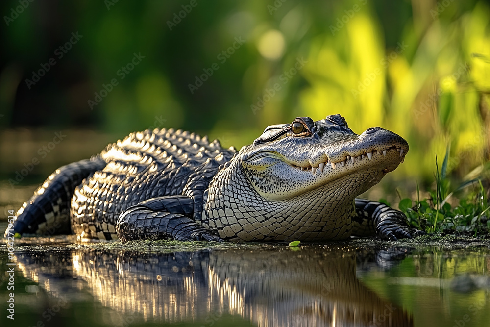 Alligator sunbathing on a riverbank in a swamp Alligator sunbathing on a riverbank in a swamp