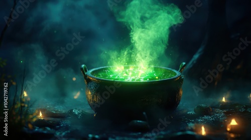 Mystical 3D Illustration of Witch's Cauldron Bubbling with Green Potion in Enchanted Scene