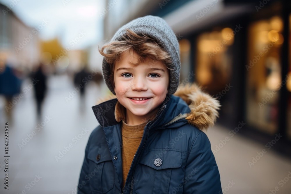Portrait of a cute little boy in a winter jacket on the street Portrait of a cute little boy in a winter jacket on the street