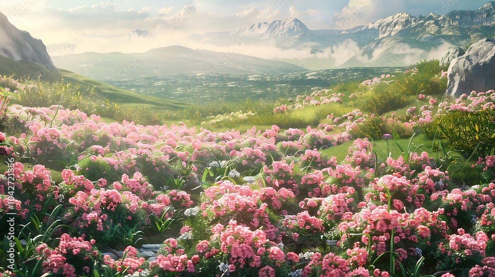 Obraz premium An idyllic skies a field of green next to a stony gradient is filled with bunches of pink flowers