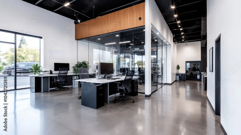 Contemporary Office Design Featuring Glass Partition Walls and Concrete Flooring for a Modern Work Environment Contemporary Office Design Featuring Glass Partition Walls and Concrete Flooring for a Modern Work Environment