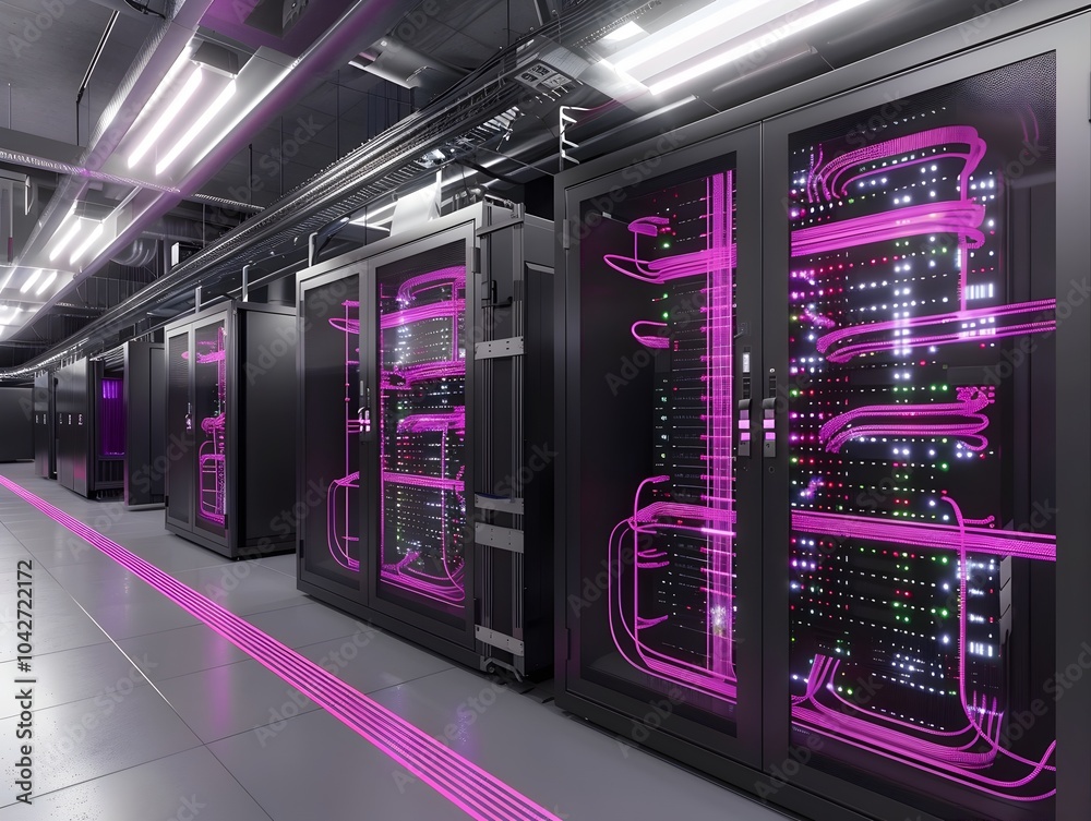 Fototapeta premium Futuristic Digital Data Center Network Diagram with Neon Purple Lighting