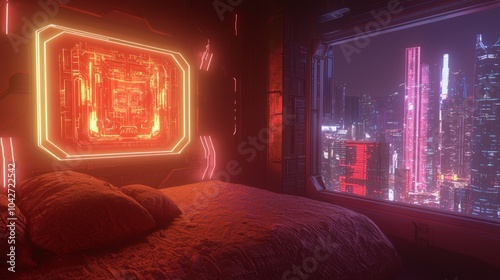 Wallpaper Mural Cozy Cyberpunk Dreamscape - Intimate Bedroom with Glowing Wall Art and City View | Ultra-Detailed Digital Illustration Torontodigital.ca
