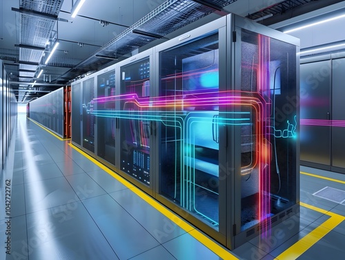 3D Digital Data Center Network Diagram with Futuristic Abstract Patterns photo