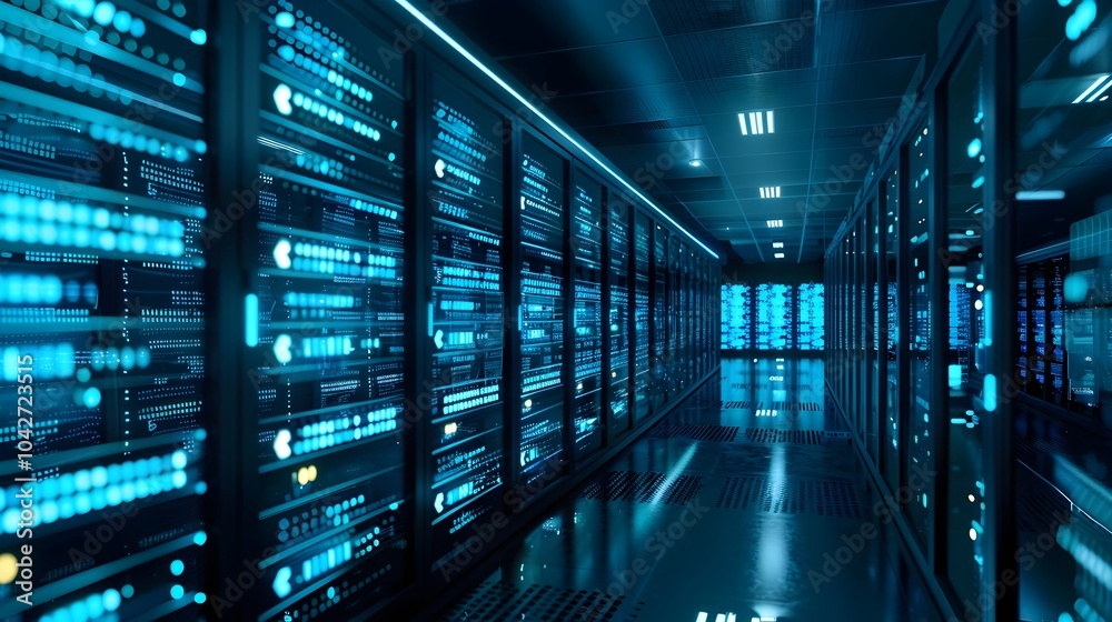 Fototapeta premium Futuristic Digital Data Center Network Diagram with Glowing Servers and Cables in Blue Tone