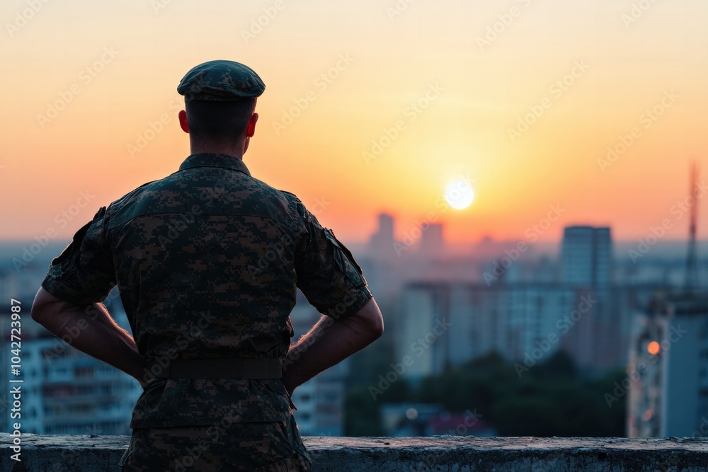 A Soldier Reflecting at Sunset Over a Cityscape Embracing Courage and Hope for the Future A Soldier Reflecting at Sunset Over a Cityscape Embracing Courage and Hope for the Future
