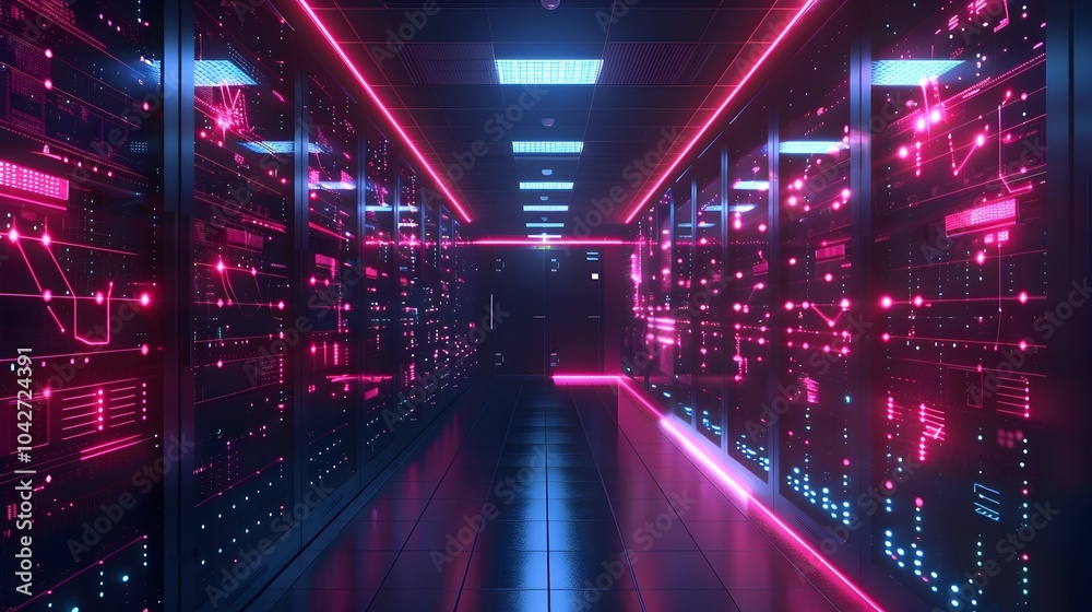 Futuristic 3D Digital Data Center Network Diagram with Vibrant Neon Lights and Aesthetic Futuristic 3D Digital Data Center Network Diagram with Vibrant Neon Lights and Aesthetic