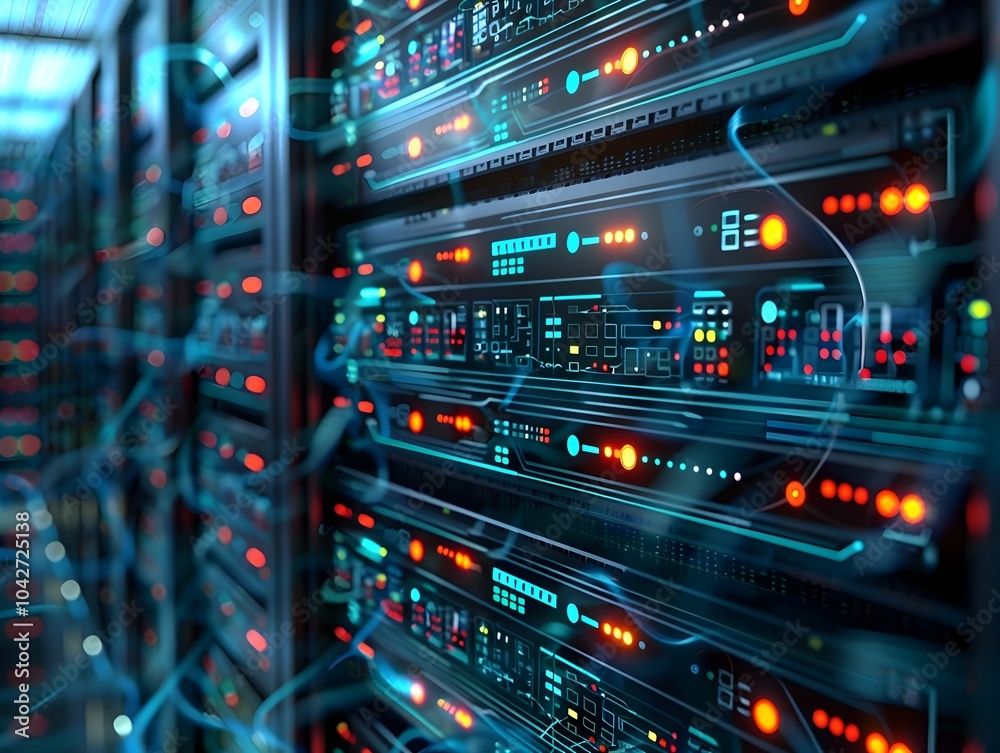Naklejka premium Detailed Digital Data Center Network Diagram Showcasing Interconnected Server Racks and Technology Infrastructure