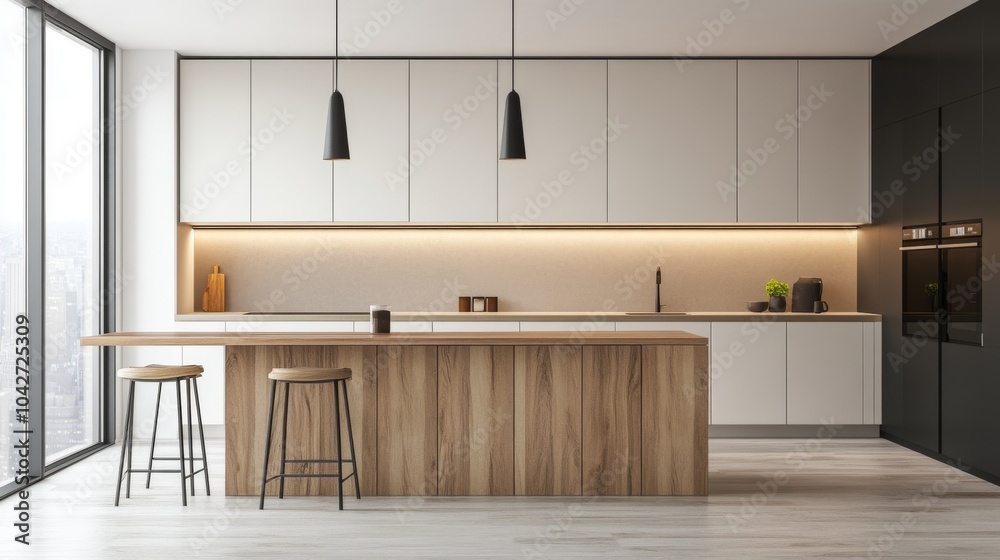 Modern kitchen interior design with a large wooden island, white cabinets, black countertops, and a window overlooking the city. Modern kitchen interior design with a large wooden island, white cabinets, black countertops, and a window overlooking the city.