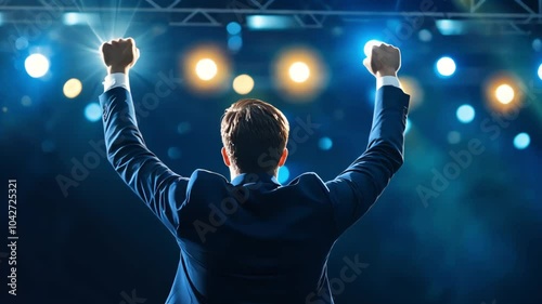 A person in a suit, arms raised in triumph, on a stage lit by spotlights.
