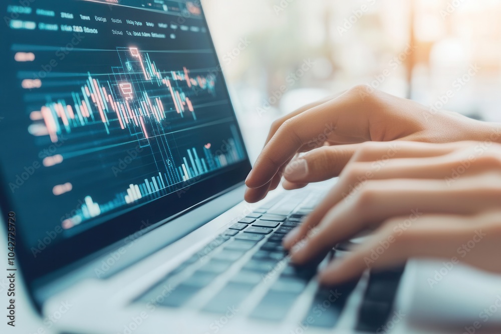 Hands using financial software to model e-commerce growth, focus on clean digital interface