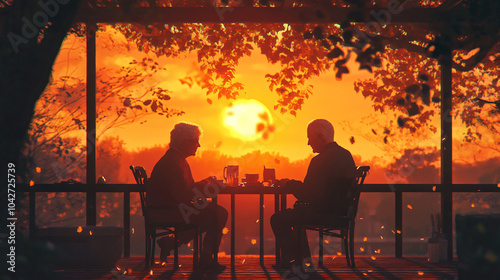 A heartfelt scene of an elderly couple enjoying the sunset from their porch, reminiscing about the past. photo