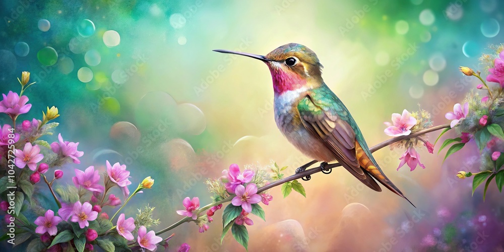Naklejka premium High angle view of wistful hummingbird painting surrounded by flowers
