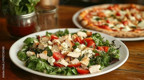 Chicken Caesar Salad with Pizza in the Background