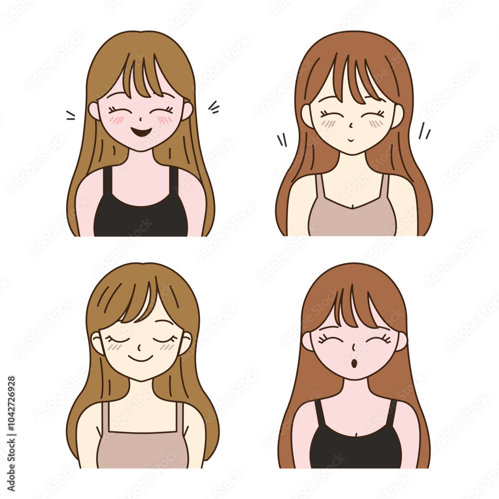 Collection of Long Haired Beautiful Girl Cartoon Character with Smiling Expression Collection of Long Haired Beautiful Girl Cartoon Character with Smiling Expression