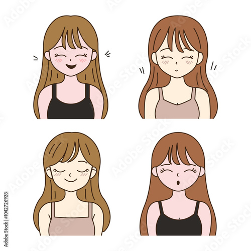 Collection of Long Haired Beautiful Girl Cartoon Character with Smiling Expression