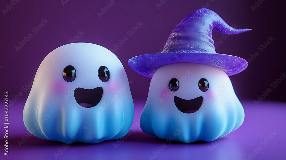Obraz premium cute Halloween ghosts, purple witch hat, purple background
