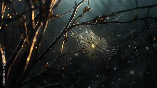 A captivating close-up of a spider web glistening with dew droplets, nestled among delicate branches in a serene, soft-focus background.