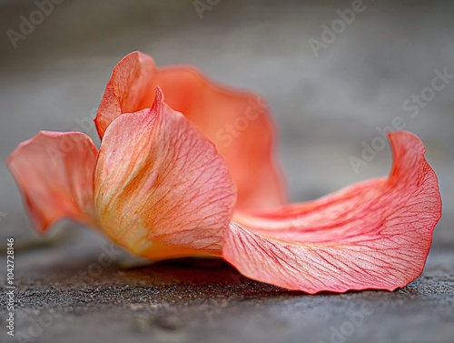 Close-up of a delicate pink petal lying softly on a textured surface, showcasing intricate details and vibrant hues against a blurred background. photo