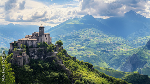The majestic abbey of Sacra di San Michele, standing on Monte Pirchiriano amidst the picturesque Italian Alps, surrounded by green valleys and mountains under a blue sky with clouds