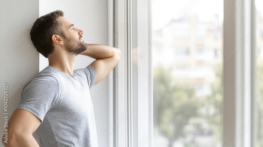 Man stretching next to an open window, fresh air and peaceful home environment Man stretching next to an open window, fresh air and peaceful home environment