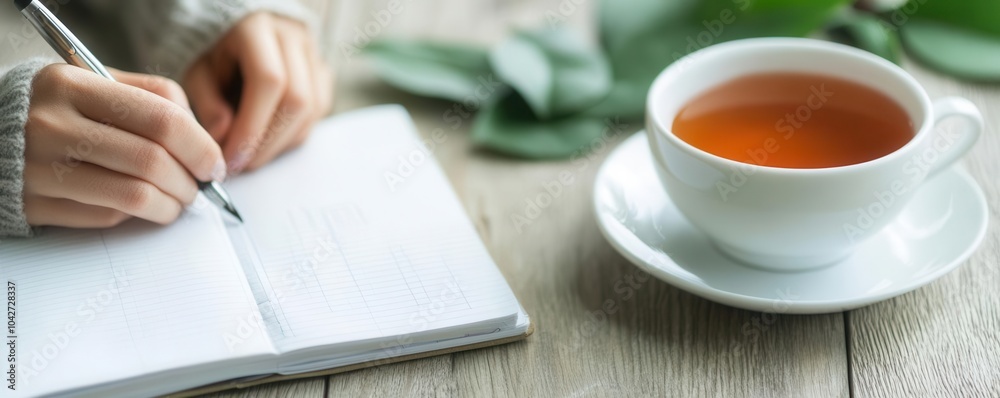 Serene scene of a person journaling with a cup of tea, focus on mindfulness and reflection Serene scene of a person journaling with a cup of tea, focus on mindfulness and reflection