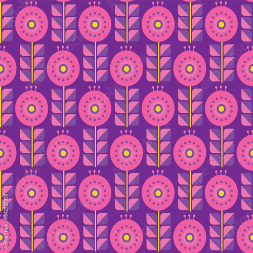 Vibrant geometric floral design features pink flowers beautifully against a stunning purple background