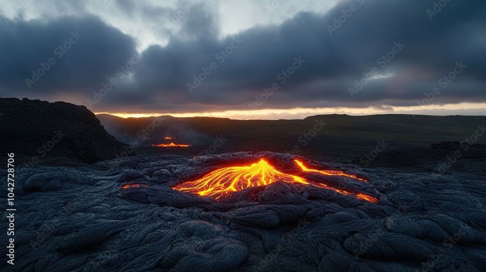 Fototapeta premium Glowing Lava Flowing from Volcanic Eruption at Dusk