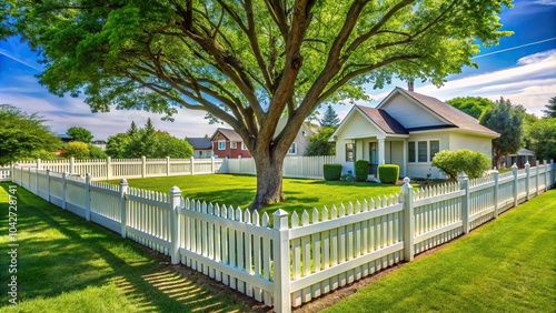 High angle white picket fence around yard with tree in American residential neighborhood