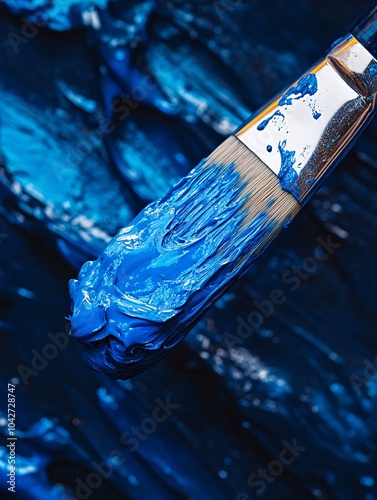 Close-up of a paintbrush dipped in vibrant blue paint, showcasing textured strokes on a smooth surface. Ideal for art and design themes. photo