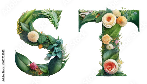 S-T Alphabet made of beautiful floral ornaments with leaves and flowers letters S T isolated on white background botanical typography