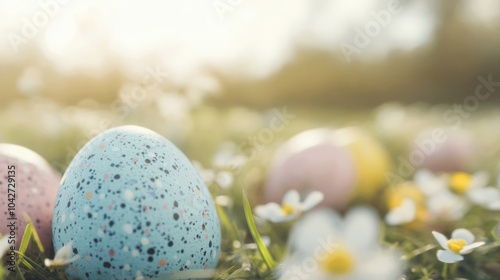 Colorful Easter eggs are placed among blooming daisies in a sunny spring meadow, creating a festive and cheerful atmosphere