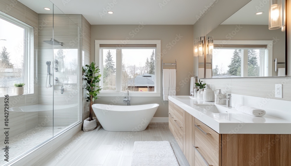 An elegant bathroom with a white vanity, gray walls, and natural light 2. Generative AI An elegant bathroom with a white vanity, gray walls, and natural light 2. Generative AI