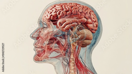 A transparent illustration of the human anatomy reveals the brain, nerves photo