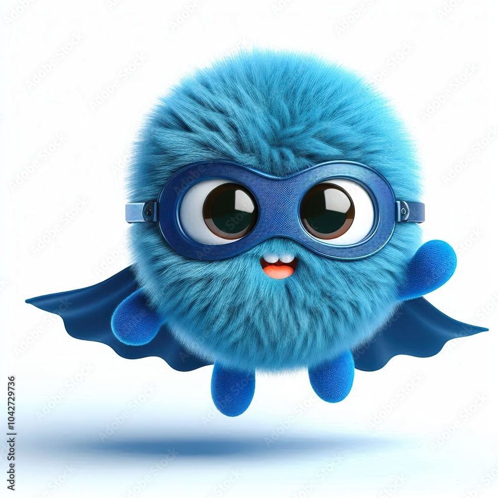 3D superhero cute A little blue monster flying with a cloak and mask, fluffy, white background 3D superhero cute A little blue monster flying with a cloak and mask, fluffy, white background