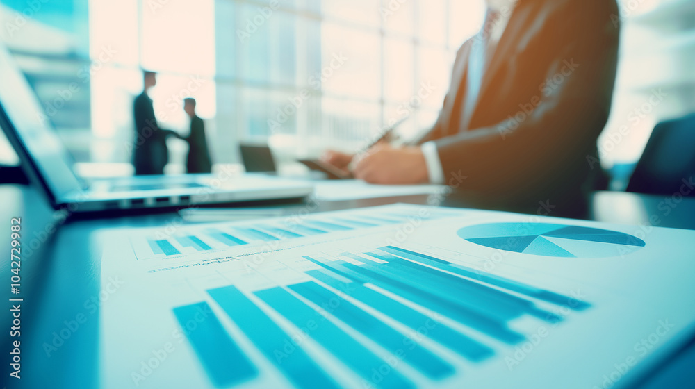 Business meeting with charts and graphs in focus, two professionals shaking hands in the background.. Business meeting with charts and graphs in focus, two professionals shaking hands in the background..