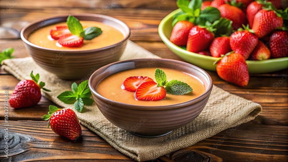 Creamy orange dessert topped with fresh strawberries and mint leaves, served in a rustic bowl on a wooden table