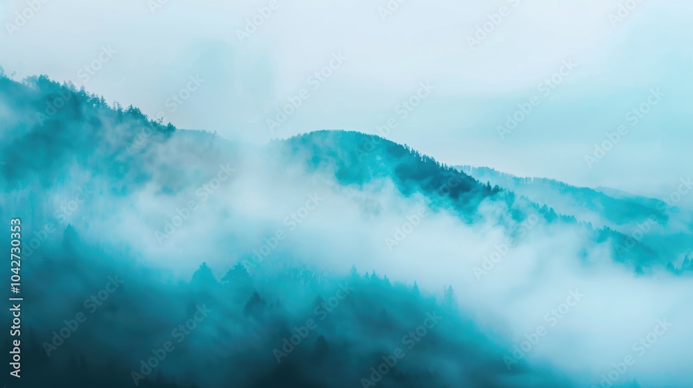 A serene mountain landscape enveloped in fog, with soft blue tones highlighting the peaceful atmosphere at dawn A serene mountain landscape enveloped in fog, with soft blue tones highlighting the peaceful atmosphere at dawn