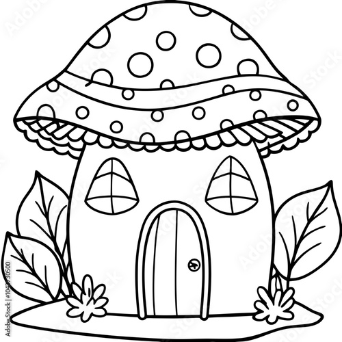 Whimsical Mushroom House Line Art Ideal for Cozy Coloring Pages