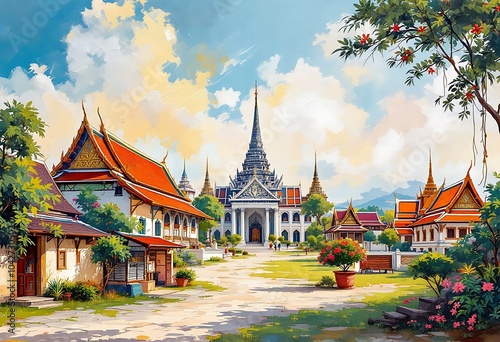 Temple in Thailand watercolor painting favorite tourist place
 photo