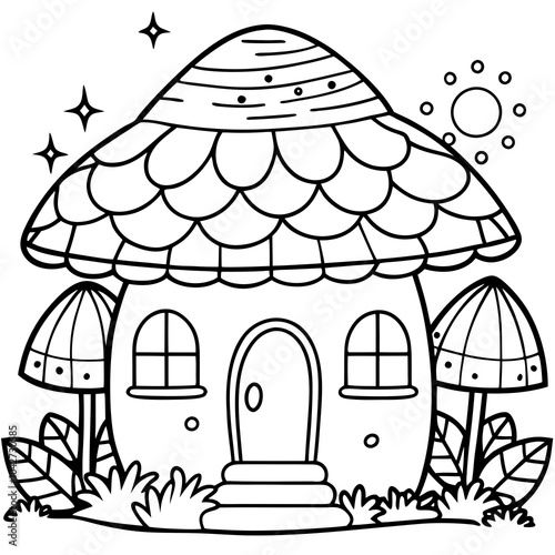 Whimsical Mushroom House Line Art Ideal for Cozy Coloring Pages