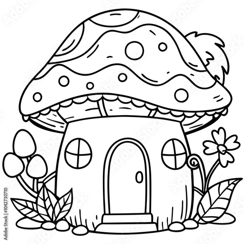 Whimsical Mushroom House Line Art Ideal for Cozy Coloring Pages