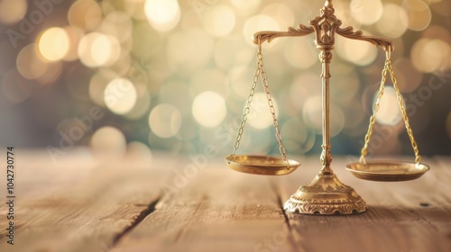 The golden scales of justice stand prominently on a rustic wooden table, bathed in warm, blurred lights conveying a sense of solemnity