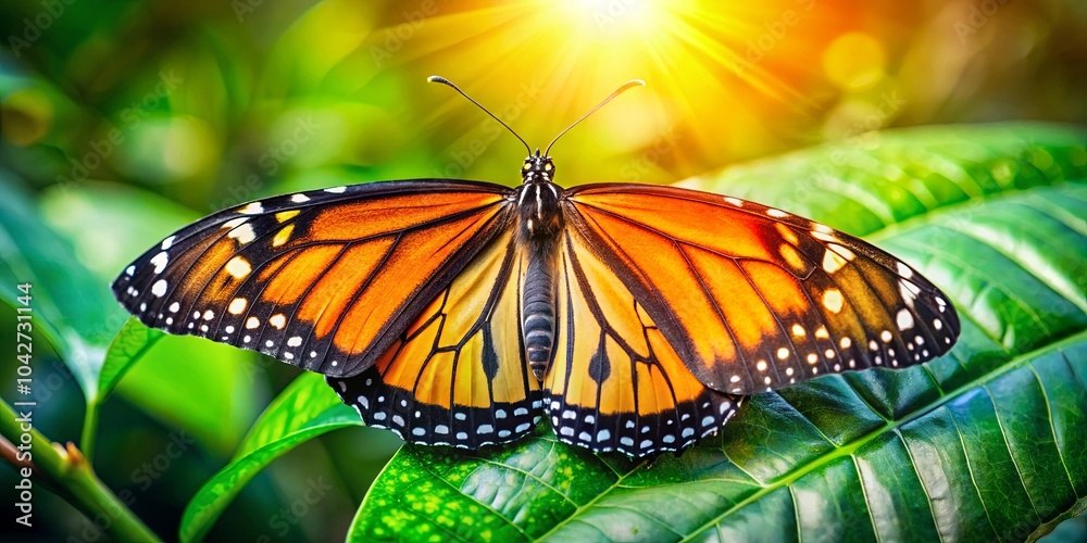 A Vibrant Butterfly Basking in the Golden Rays of the Sun, Resting on a Lush Green Leaf A Vibrant Butterfly Basking in the Golden Rays of the Sun, Resting on a Lush Green Leaf