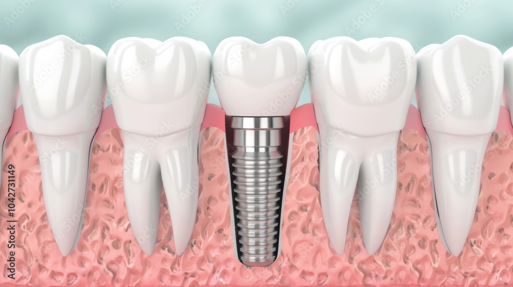 A detailed 3D illustration of a dental implant placed in the jawbone, surrounded by natural teeth, showing implantology and oral health. A detailed 3D illustration of a dental implant placed in the jawbone, surrounded by natural teeth, showing implantology and oral health.