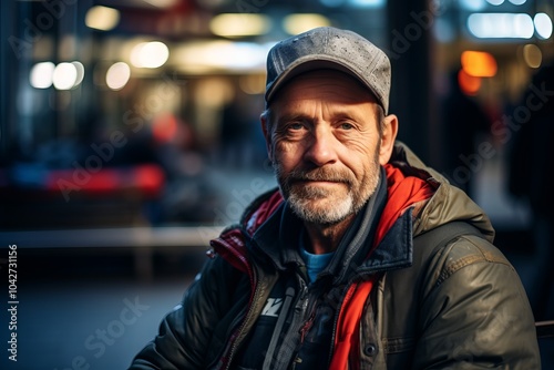 Portrait of a senior man in a cap and jacket on a city street.